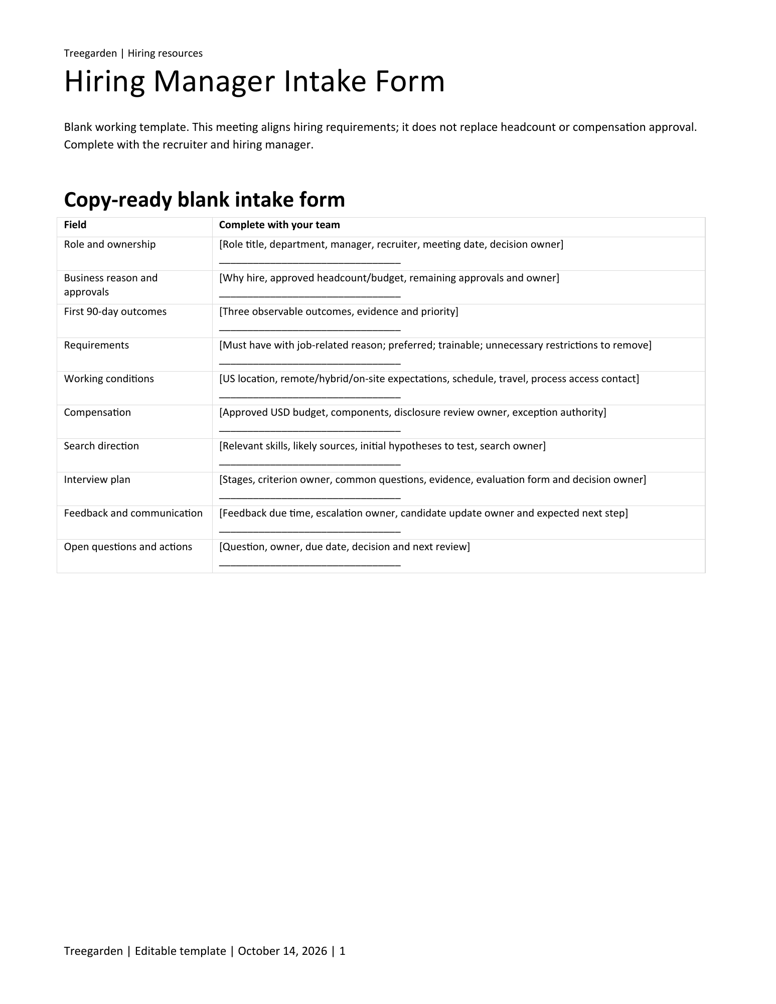 First page of the blank hiring-manager intake meeting form