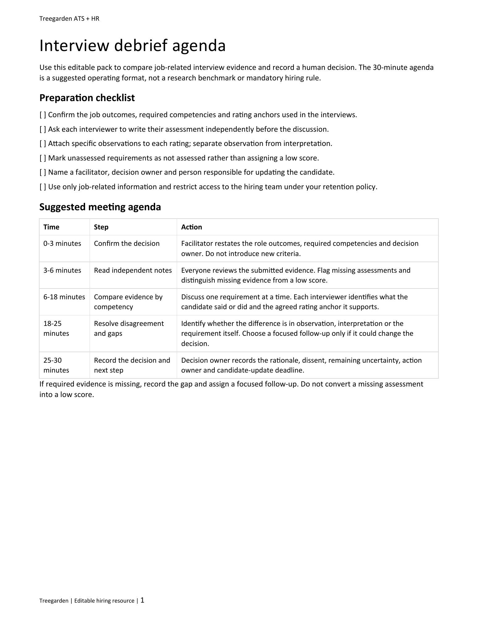First page of the editable Treegarden interview debrief agenda, showing the preparation checklist and 30-minute meeting plan