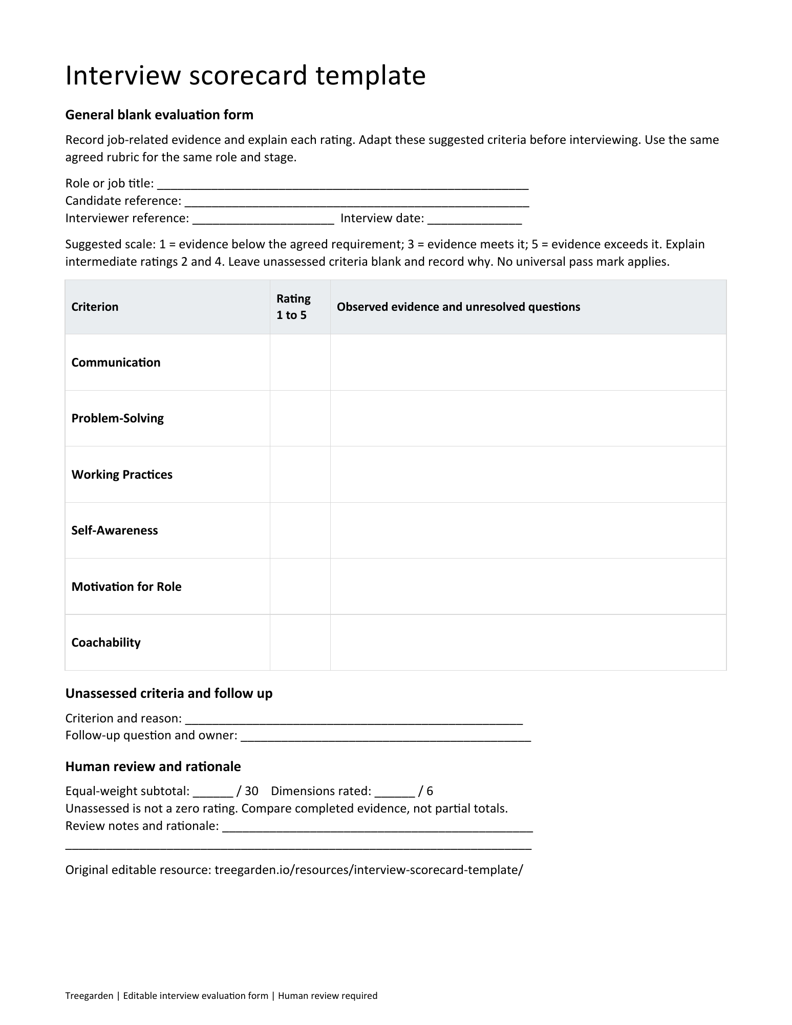 Actual first page of the Word interview evaluation form, with blank candidate fields, rating cells and evidence space