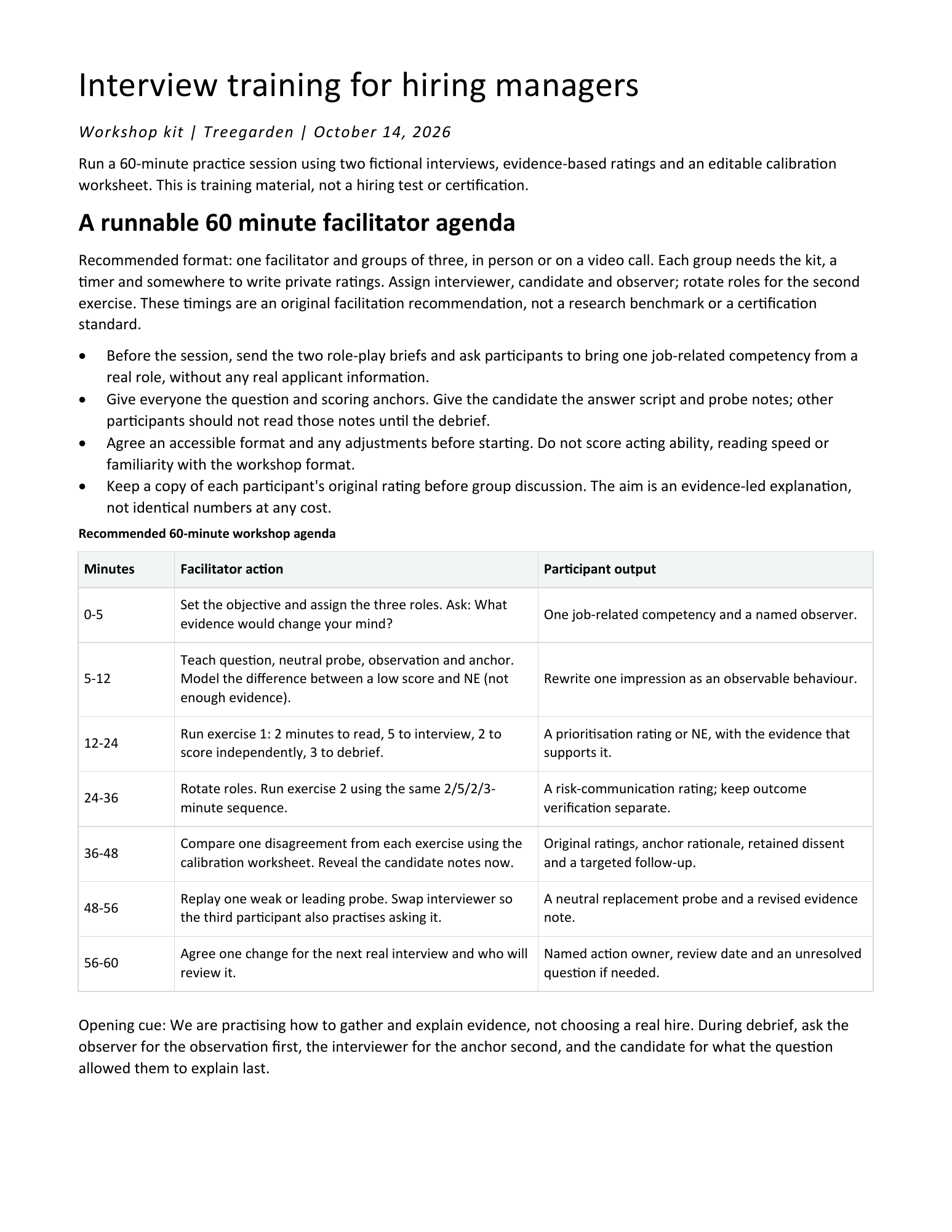 Actual first page of the editable interview training kit with preparation steps and a timed 60-minute facilitator agenda