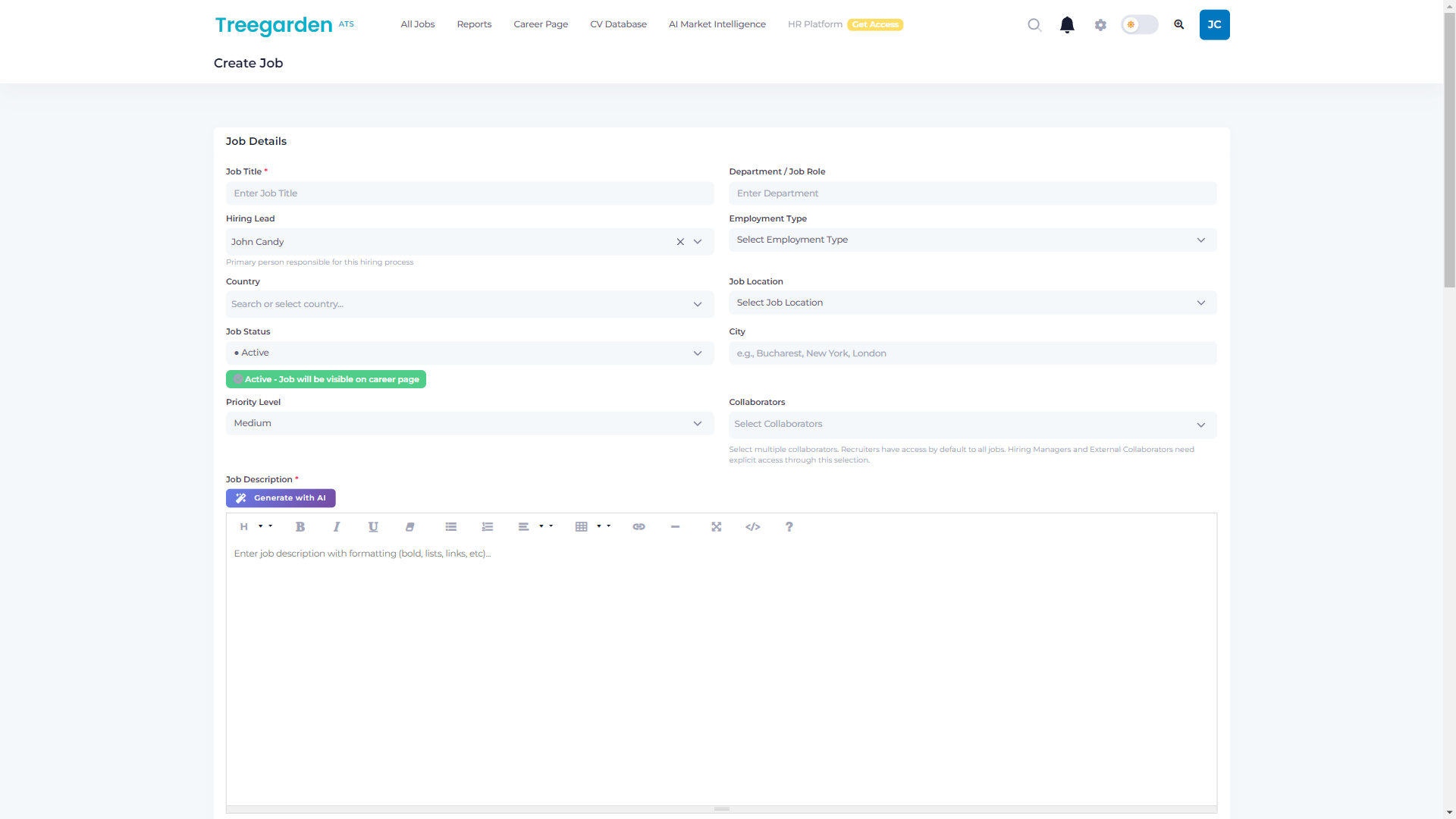Treegarden Create Job form showing Job Title, Department, Hiring Lead, Employment Type, Country, Job Location, Job Status set to Active, Priority, Collaborators panel, and a Job Description editor with a Generate with AI button.